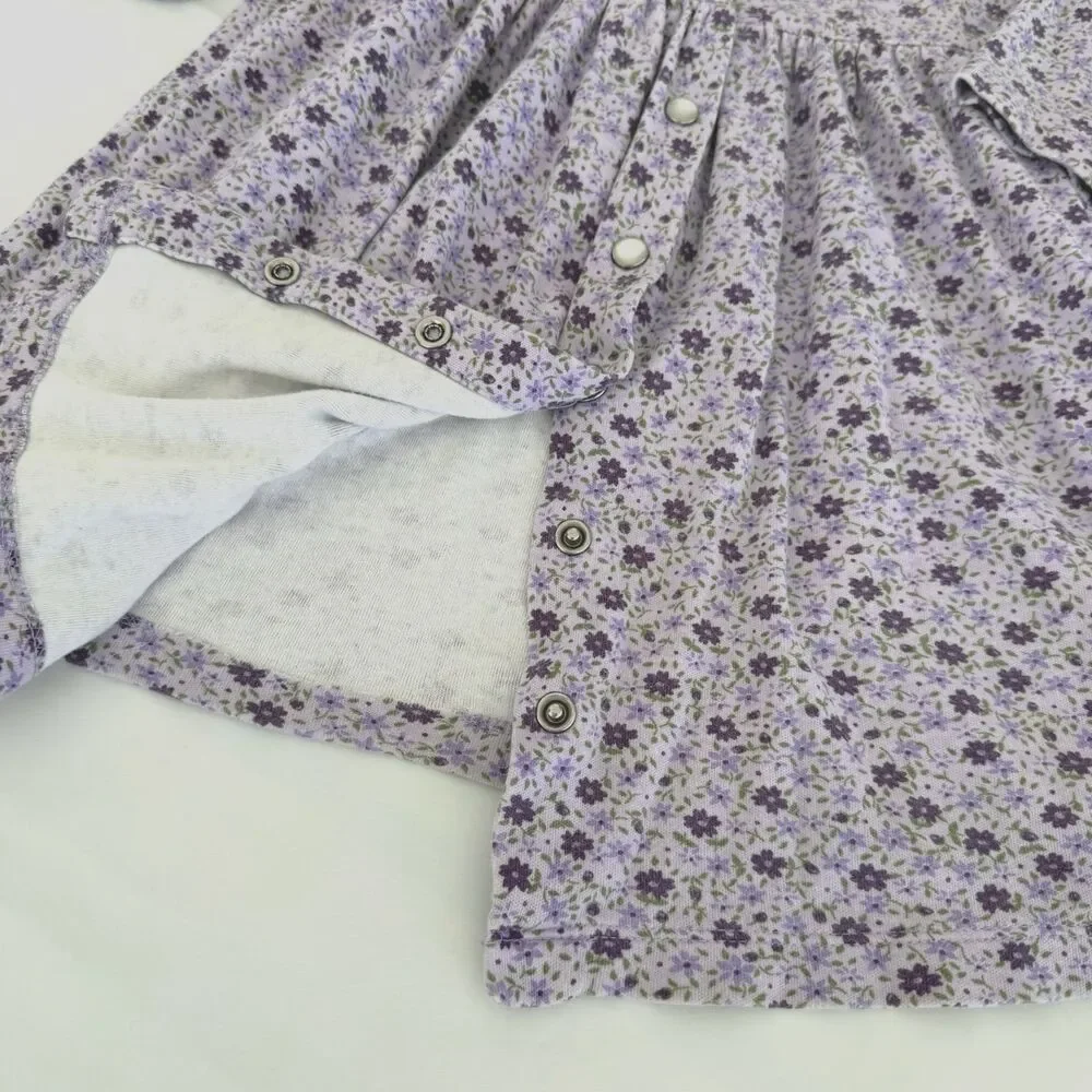 Vtg Y2K Old Navy 3T Floral Button Down Purple 100% Cotton Knit Dress Pearl Snaps